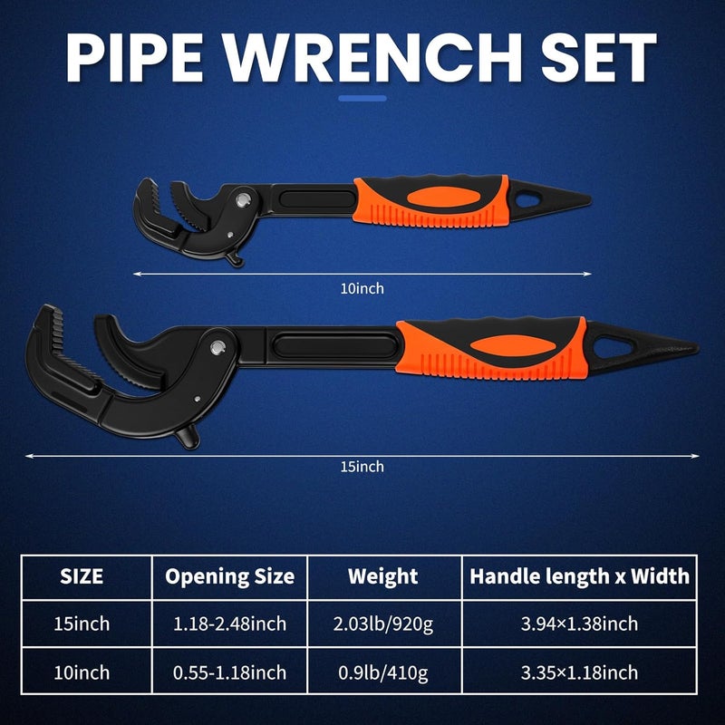 DikTalk Self-Adjusting Pipe Wrench Set, 10" & 15", Power Grip for Plumbing & Auto Repair, 14-60mm Jaw, Anti-Slip Teeth, Chromium Steel - Image 2